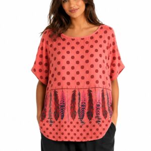 Bluzka bawełniana oversize w kropki i pióra – koralowa