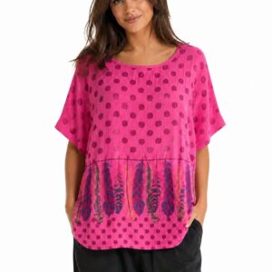 Bluzka bawełniana oversize w kropki i pióra – różowa