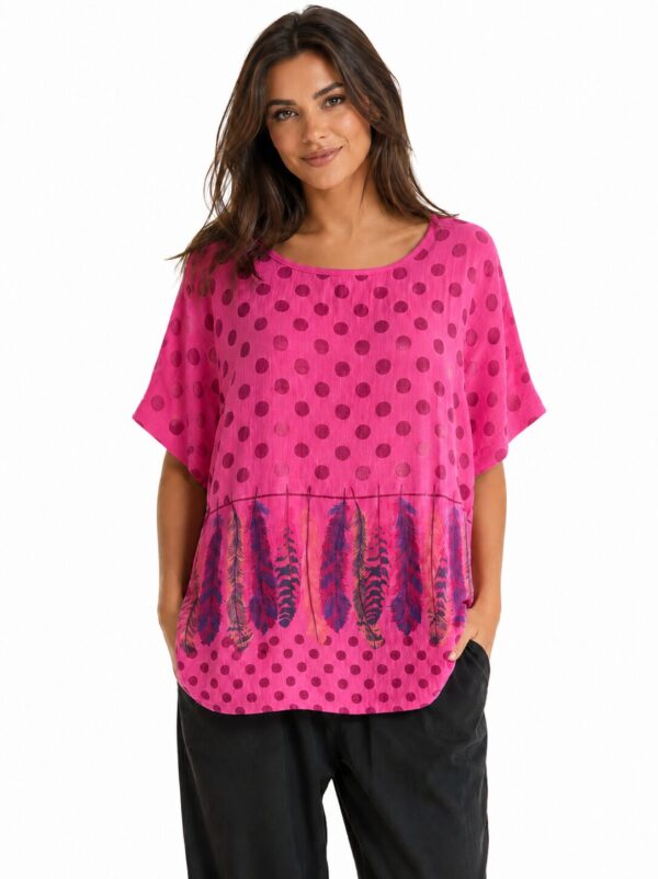 Bluzka bawełniana oversize w kropki i pióra – różowa