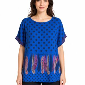 Bluzka bawełniana oversize w kropki i pióra – niebieska