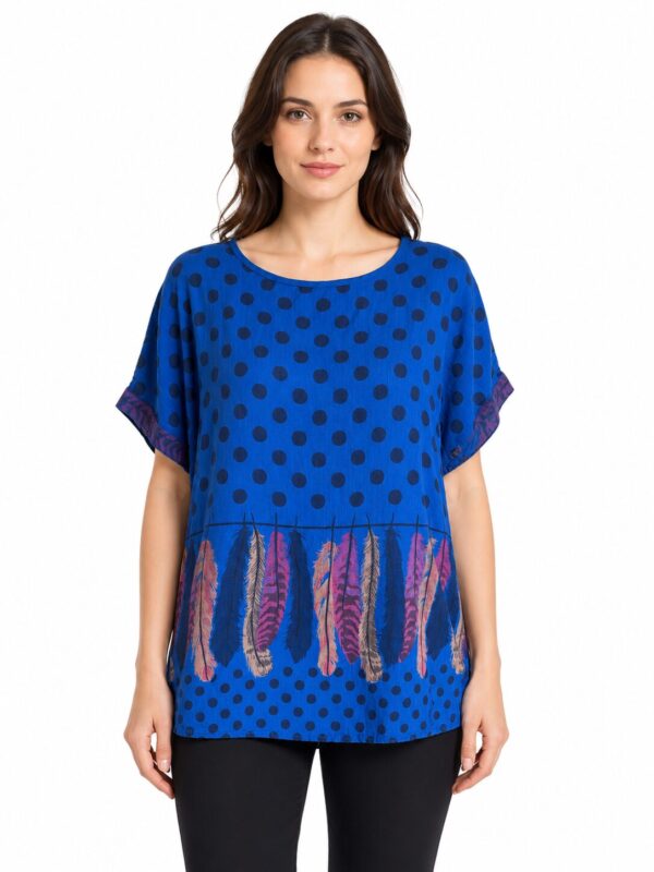 Bluzka bawełniana oversize w kropki i pióra – niebieska