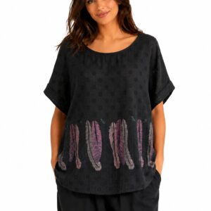 Bluzka bawełniana oversize w kropki i pióra – czarna