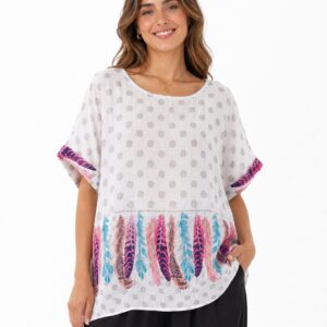 Bluzka bawełniana oversize w kropki i pióra – biała