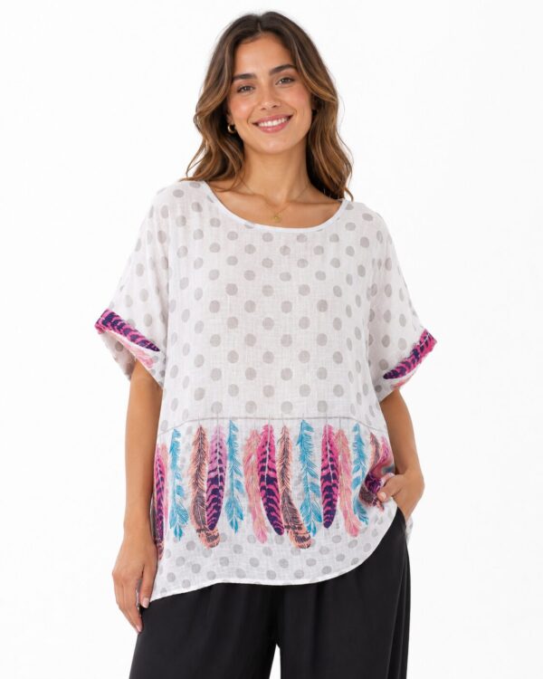 Bluzka bawełniana oversize w kropki i pióra – biała