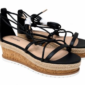 JustFab Tonnya czarne sandały na koturnie wiązane r. 39