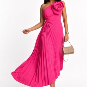 Fuksjowa plisowana sukienka maxi Happy Pink z kwiatem – uniwersalna